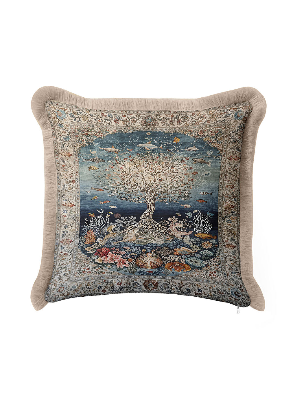 Karışık Lüks Oriental Saçaklı Yastık Kılıfı - Sanatsal Doğa Bohem Mavi Altın Renkli Püsküllü Kırlent Kılıfı-2