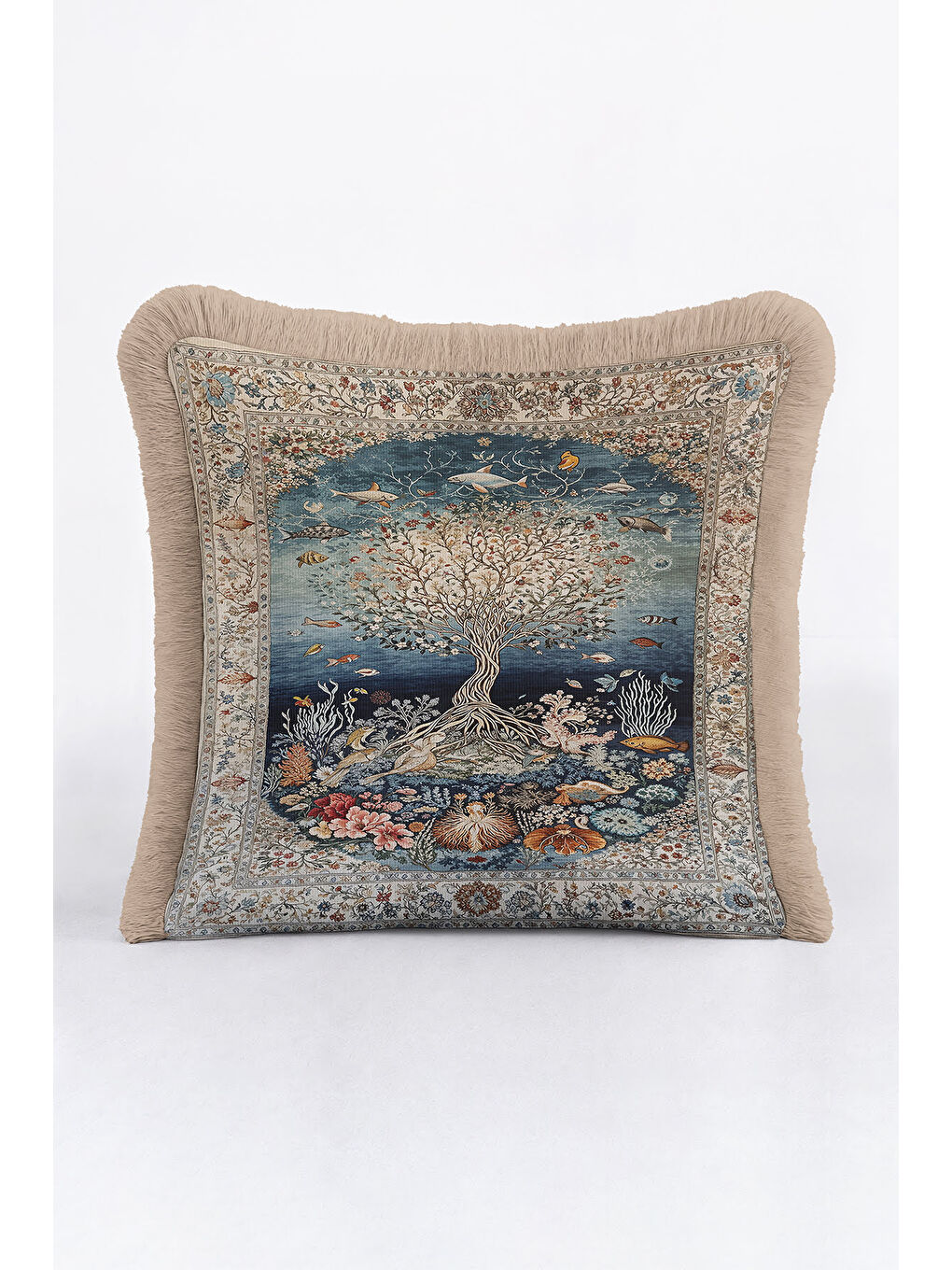 Karışık Lüks Oriental Saçaklı Yastık Kılıfı - Sanatsal Doğa Bohem Mavi Altın Renkli Püsküllü Kırlent Kılıfı-3