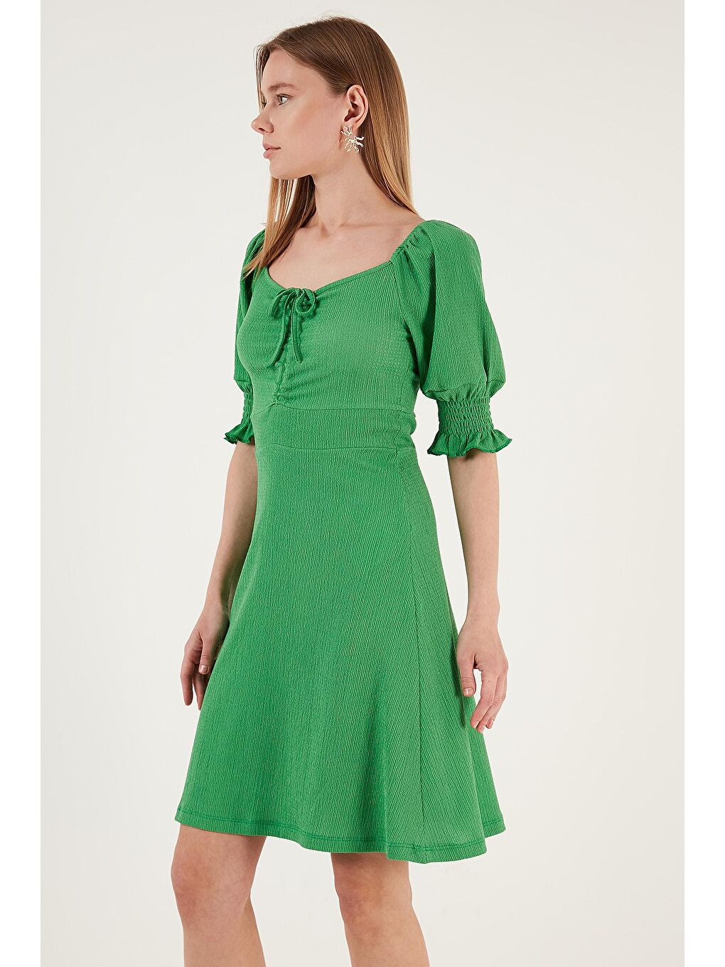 Yeşil Krinkıl Büzgülü V Yaka Kolları Gipeli Elbise 5865034-2