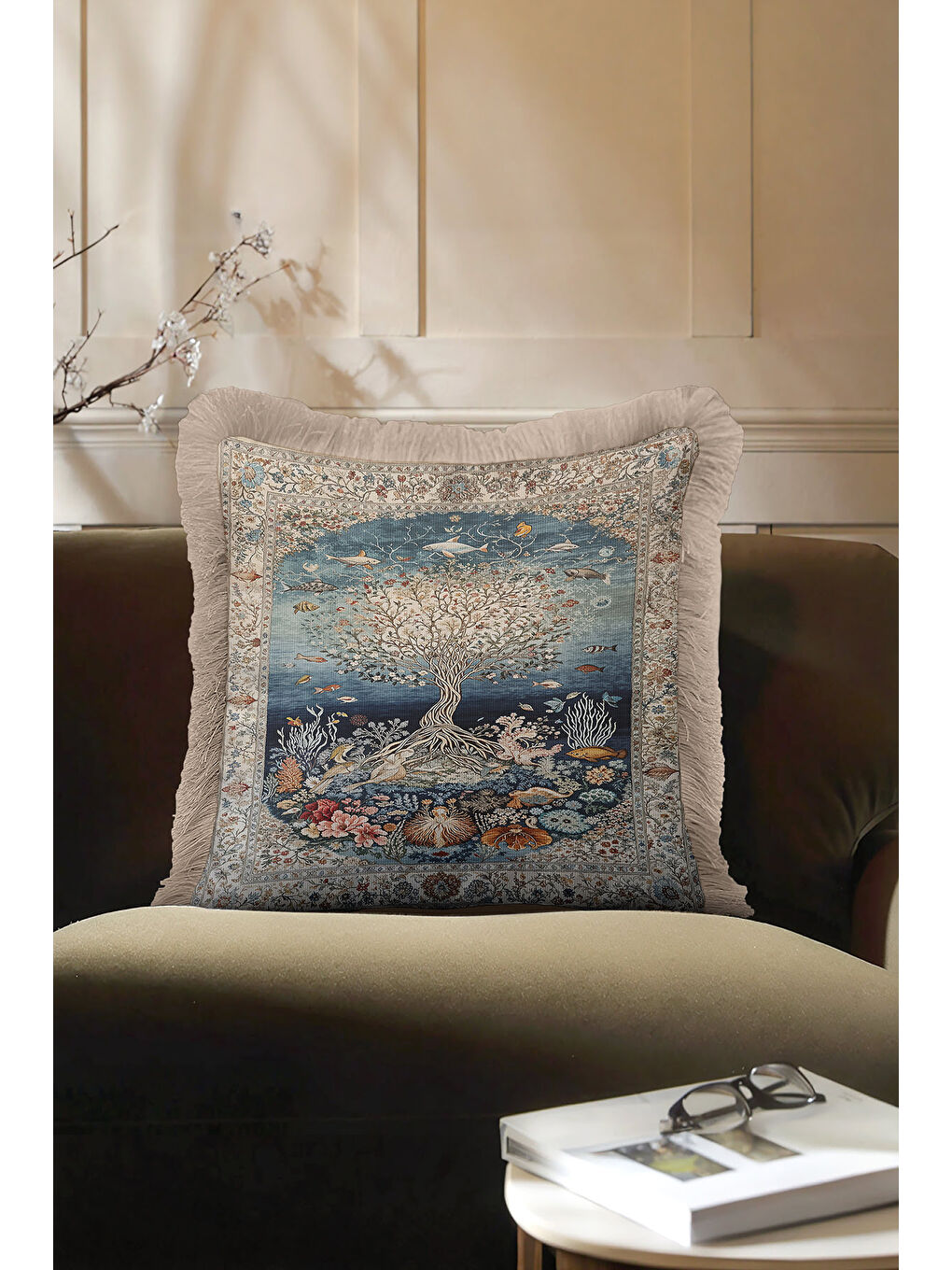 Karışık Lüks Oriental Saçaklı Yastık Kılıfı - Sanatsal Doğa Bohem Mavi Altın Renkli Püsküllü Kırlent Kılıfı-4