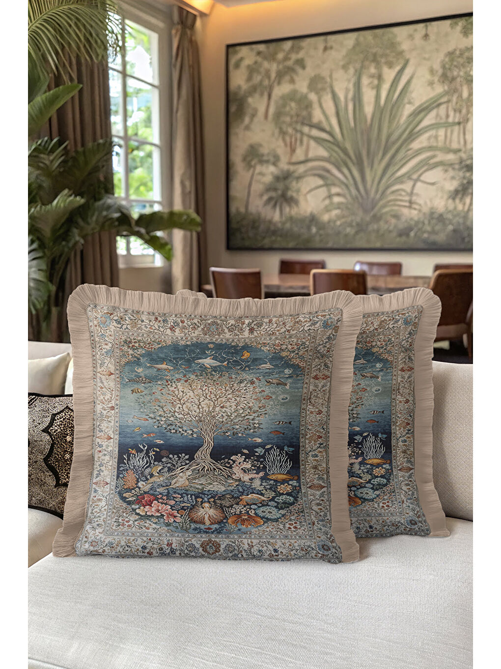 Karışık Lüks Oriental Saçaklı Yastık Kılıfı - Sanatsal Doğa Bohem Mavi Altın Renkli Püsküllü Kırlent Kılıfı-5