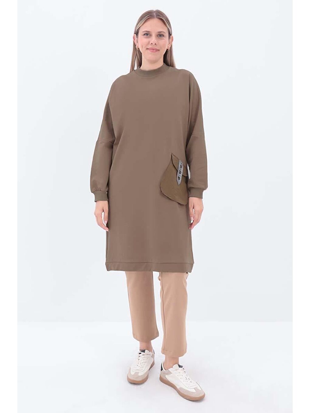Bej Vizon-Aksesuar Cepli Uzun Sweat-1