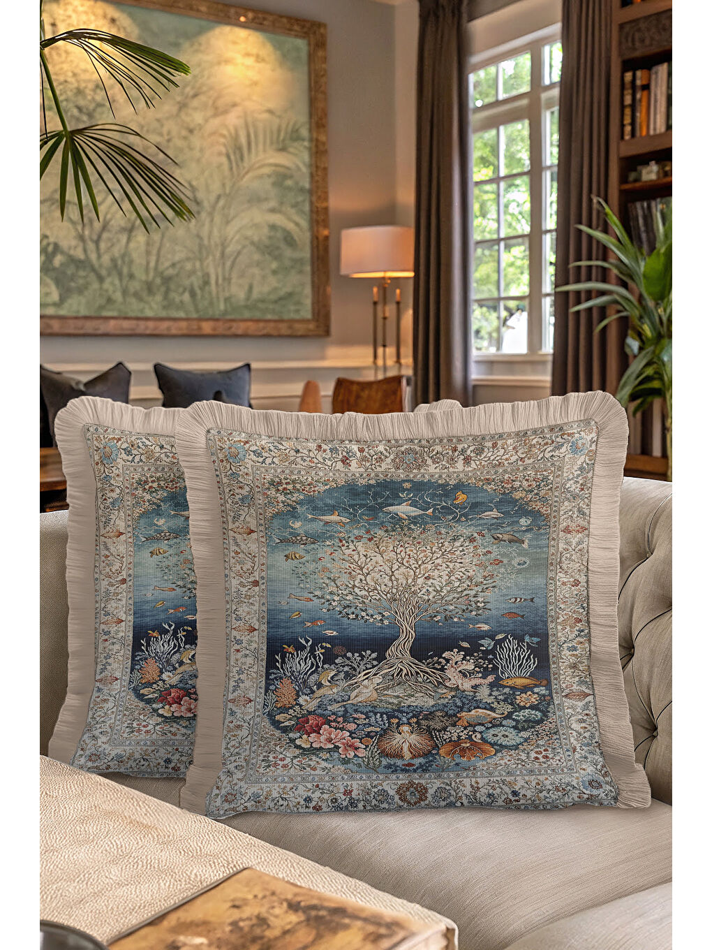 Karışık Lüks Oriental Saçaklı Yastık Kılıfı - Sanatsal Doğa Bohem Mavi Altın Renkli Püsküllü Kırlent Kılıfı-7