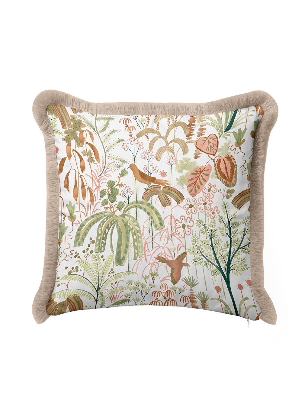 Karışık Tropikal Bahçe Saçaklı Yastık Kılıfı - Kuşlu Botanik Doğal Country Bej Püsküllü Kırlent Kılıfı