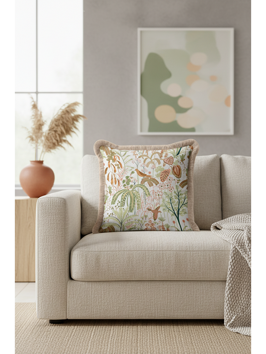 Karışık Tropikal Bahçe Saçaklı Yastık Kılıfı - Kuşlu Botanik Doğal Country Bej Püsküllü Kırlent Kılıfı-1