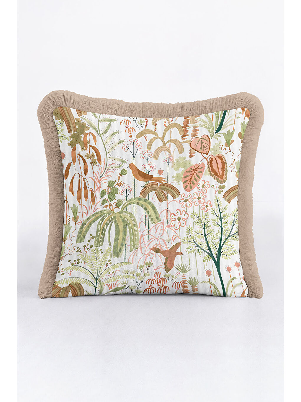 Karışık Tropikal Bahçe Saçaklı Yastık Kılıfı - Kuşlu Botanik Doğal Country Bej Püsküllü Kırlent Kılıfı-2