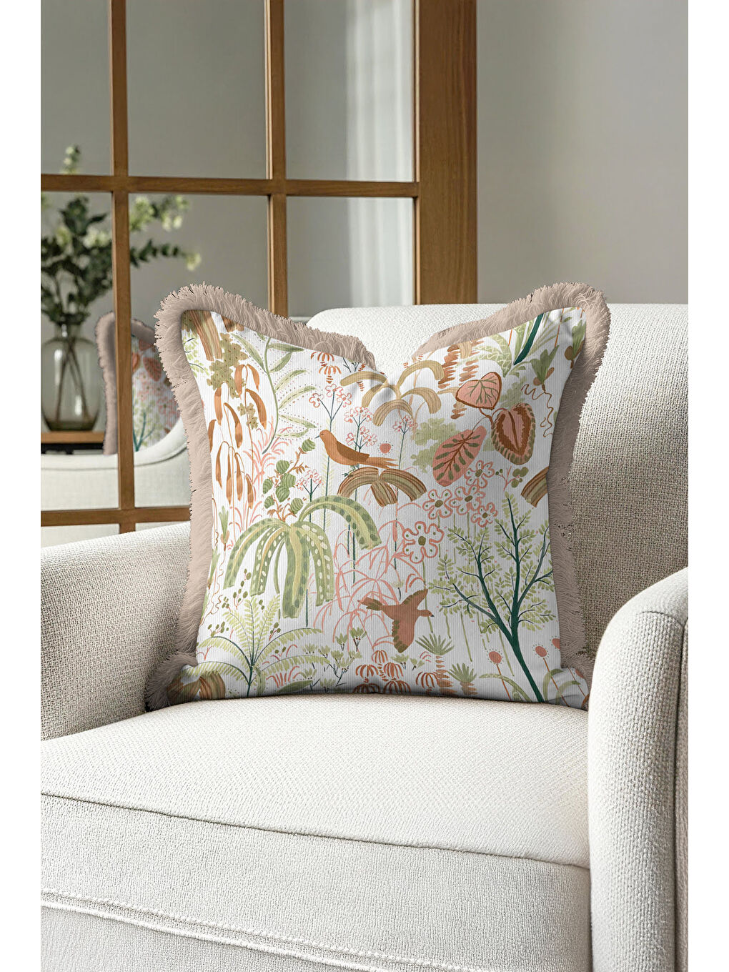 Karışık Tropikal Bahçe Saçaklı Yastık Kılıfı - Kuşlu Botanik Doğal Country Bej Püsküllü Kırlent Kılıfı-3