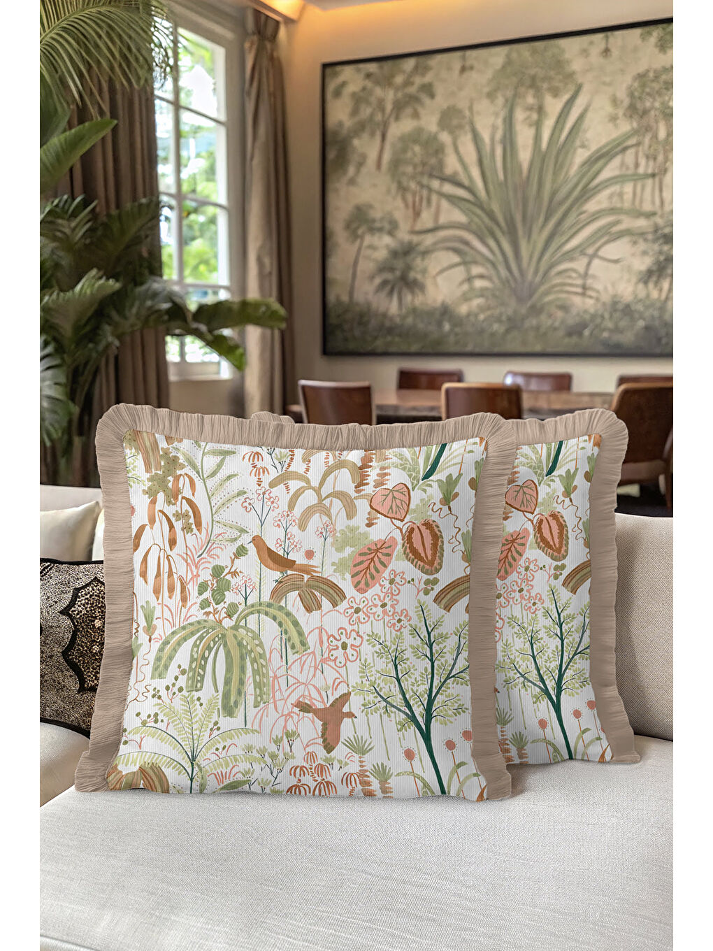 Karışık Tropikal Bahçe Saçaklı Yastık Kılıfı - Kuşlu Botanik Doğal Country Bej Püsküllü Kırlent Kılıfı-5