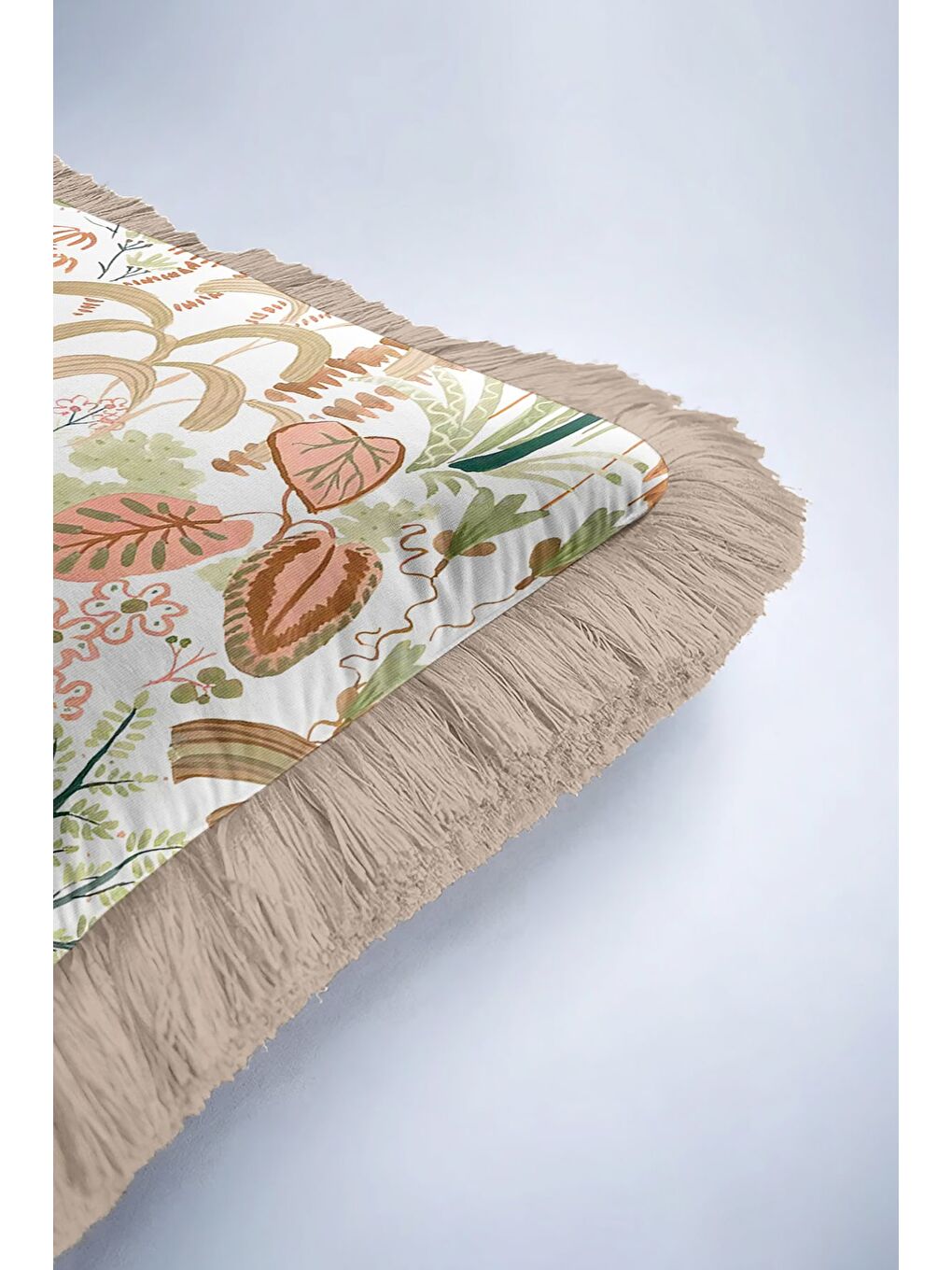 Karışık Tropikal Bahçe Saçaklı Yastık Kılıfı - Kuşlu Botanik Doğal Country Bej Püsküllü Kırlent Kılıfı-6