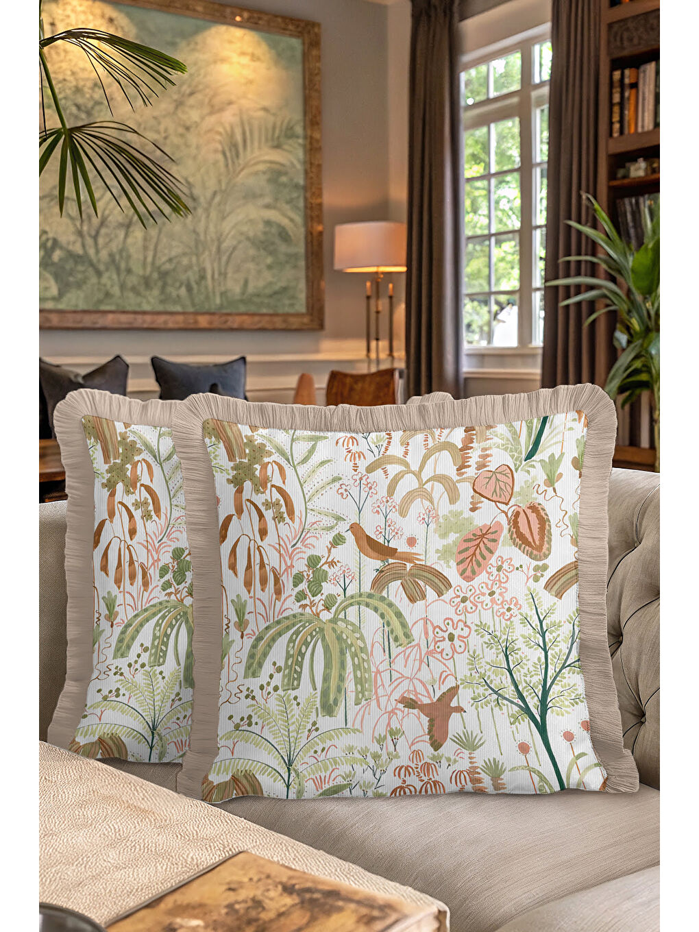 Karışık Tropikal Bahçe Saçaklı Yastık Kılıfı - Kuşlu Botanik Doğal Country Bej Püsküllü Kırlent Kılıfı-7
