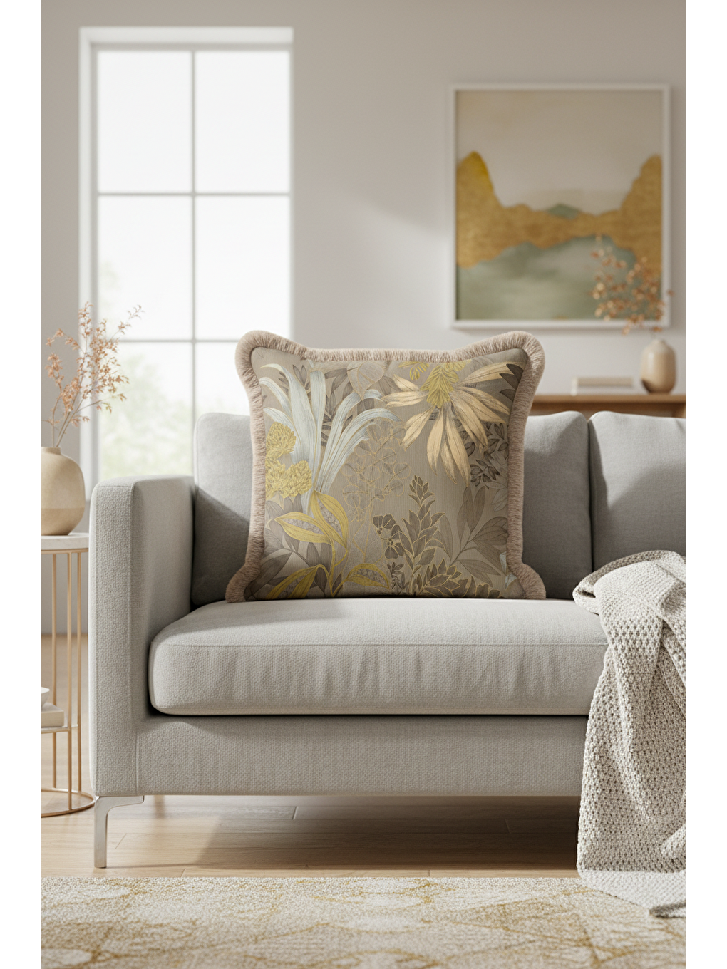 Karışık Botanik Lüks Saçaklı Yastık Kılıfı - Tropikal Bohem Bej Altın Renkli Püsküllü Kırlent Kılıfı