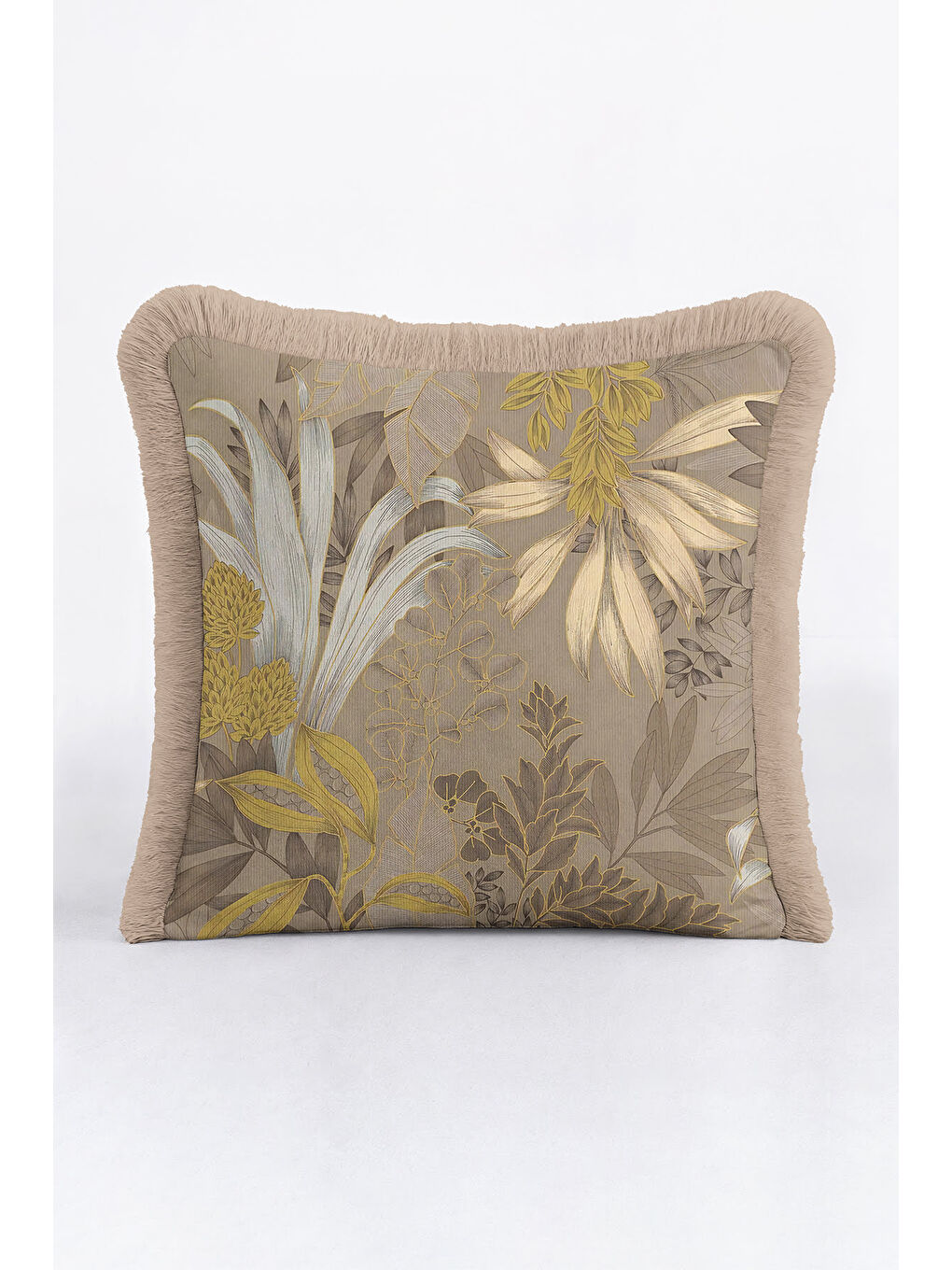 Karışık Botanik Lüks Saçaklı Yastık Kılıfı - Tropikal Bohem Bej Altın Renkli Püsküllü Kırlent Kılıfı-1