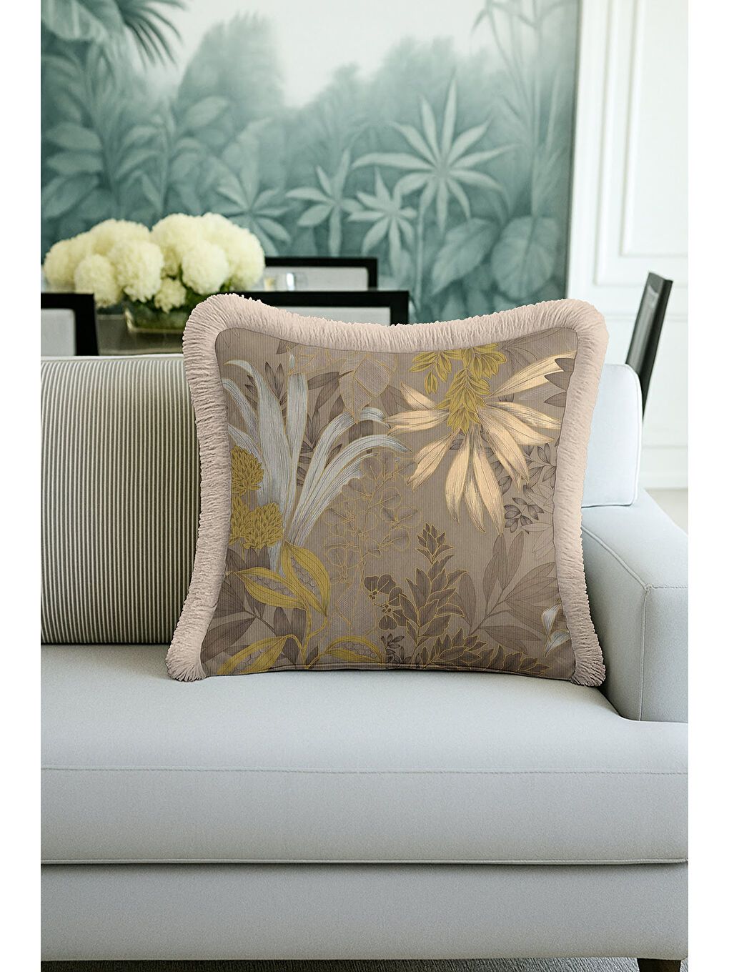 Karışık Botanik Lüks Saçaklı Yastık Kılıfı - Tropikal Bohem Bej Altın Renkli Püsküllü Kırlent Kılıfı-3