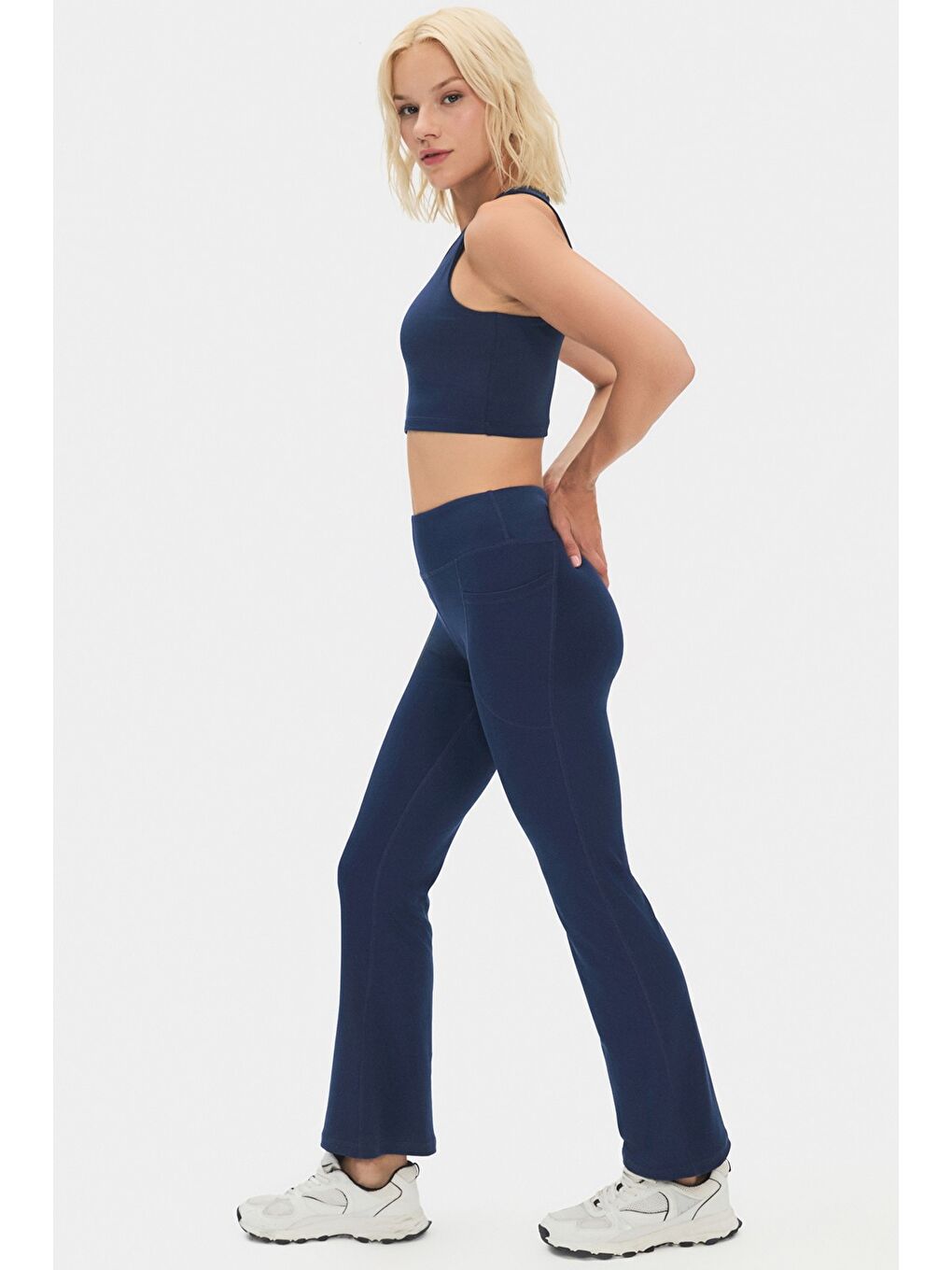 Lacivert Kadın Yüksek Bel Toparlayıcı Çift Cepli Ispanyol Paça Tayt
