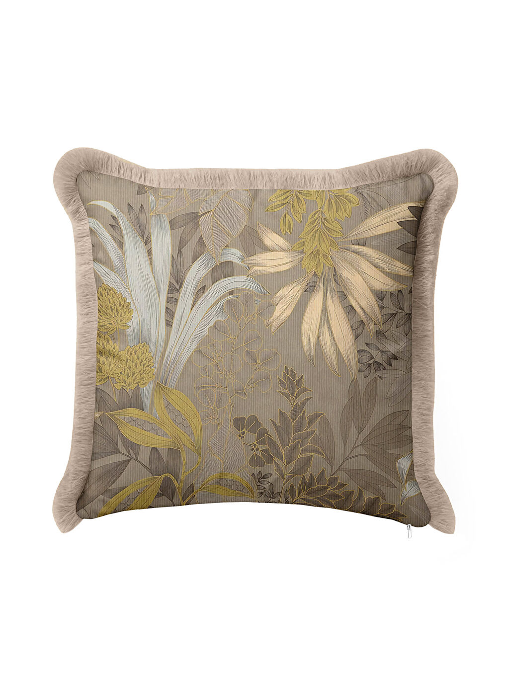 Karışık Botanik Lüks Saçaklı Yastık Kılıfı - Tropikal Bohem Bej Altın Renkli Püsküllü Kırlent Kılıfı-4