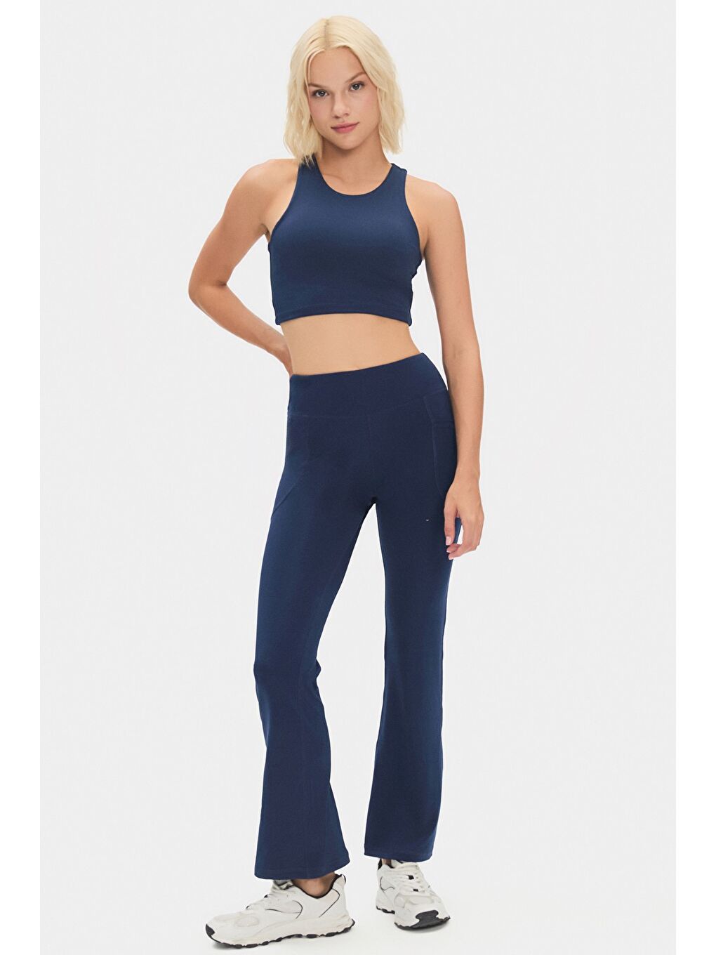 Lacivert Kadın Yüksek Bel Toparlayıcı Çift Cepli Ispanyol Paça Tayt-2