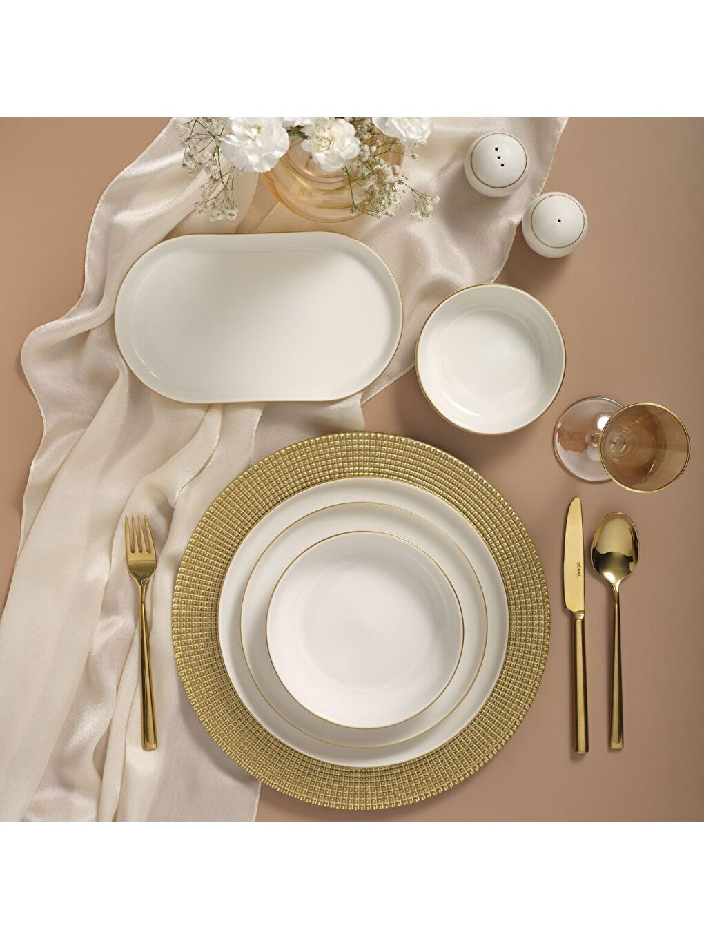 Ekru Bilbao 19 Parça 4 Kişilik Yemek Takımı Mat Altın File-1