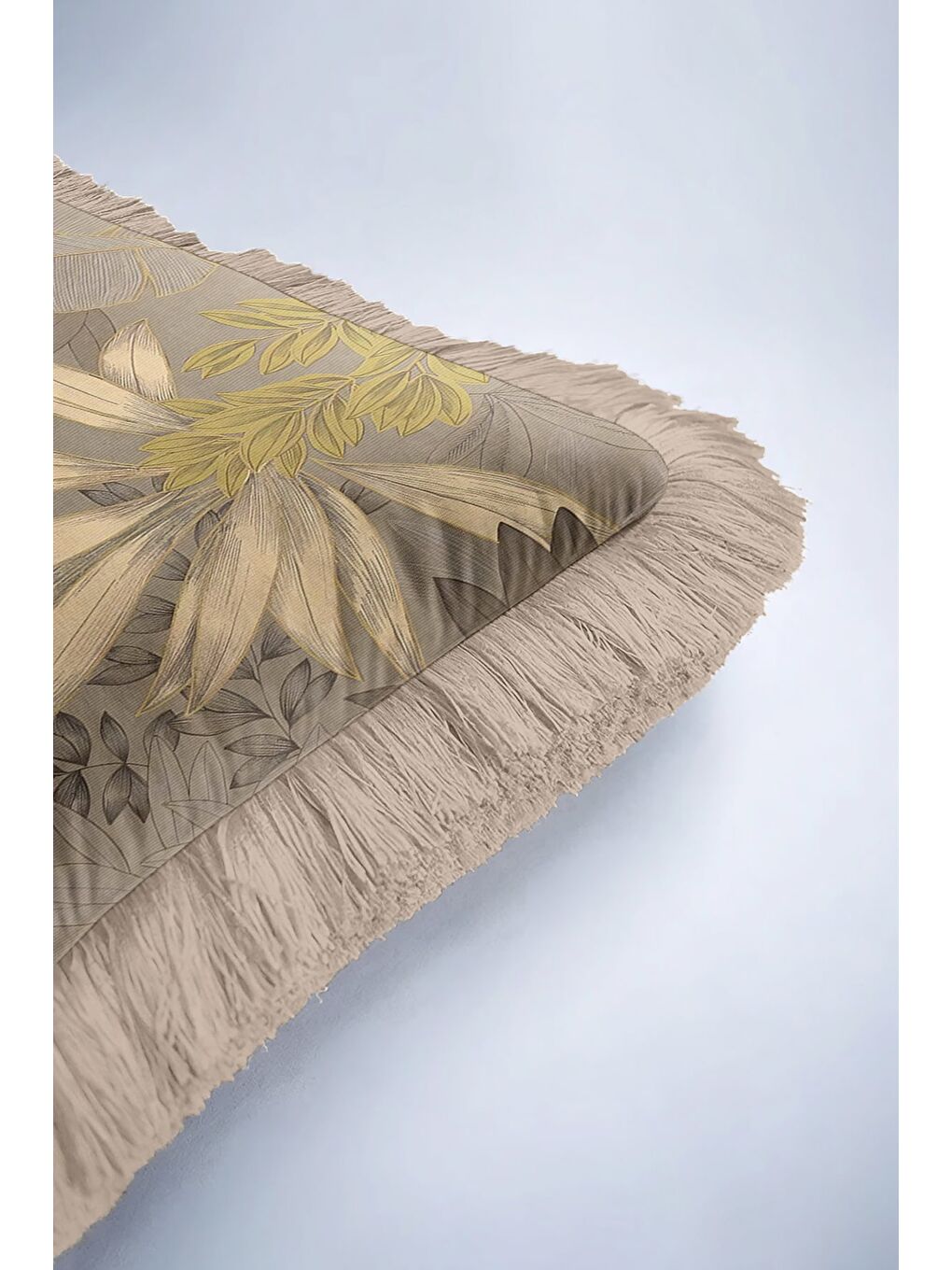 Karışık Botanik Lüks Saçaklı Yastık Kılıfı - Tropikal Bohem Bej Altın Renkli Püsküllü Kırlent Kılıfı-6
