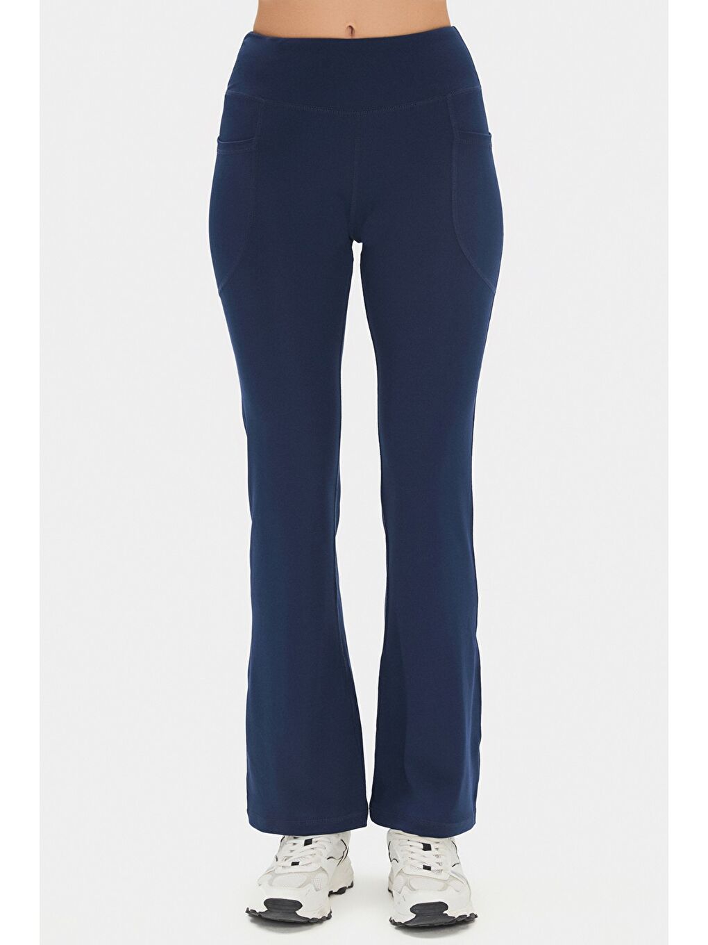 Lacivert Kadın Yüksek Bel Toparlayıcı Çift Cepli Ispanyol Paça Tayt-3