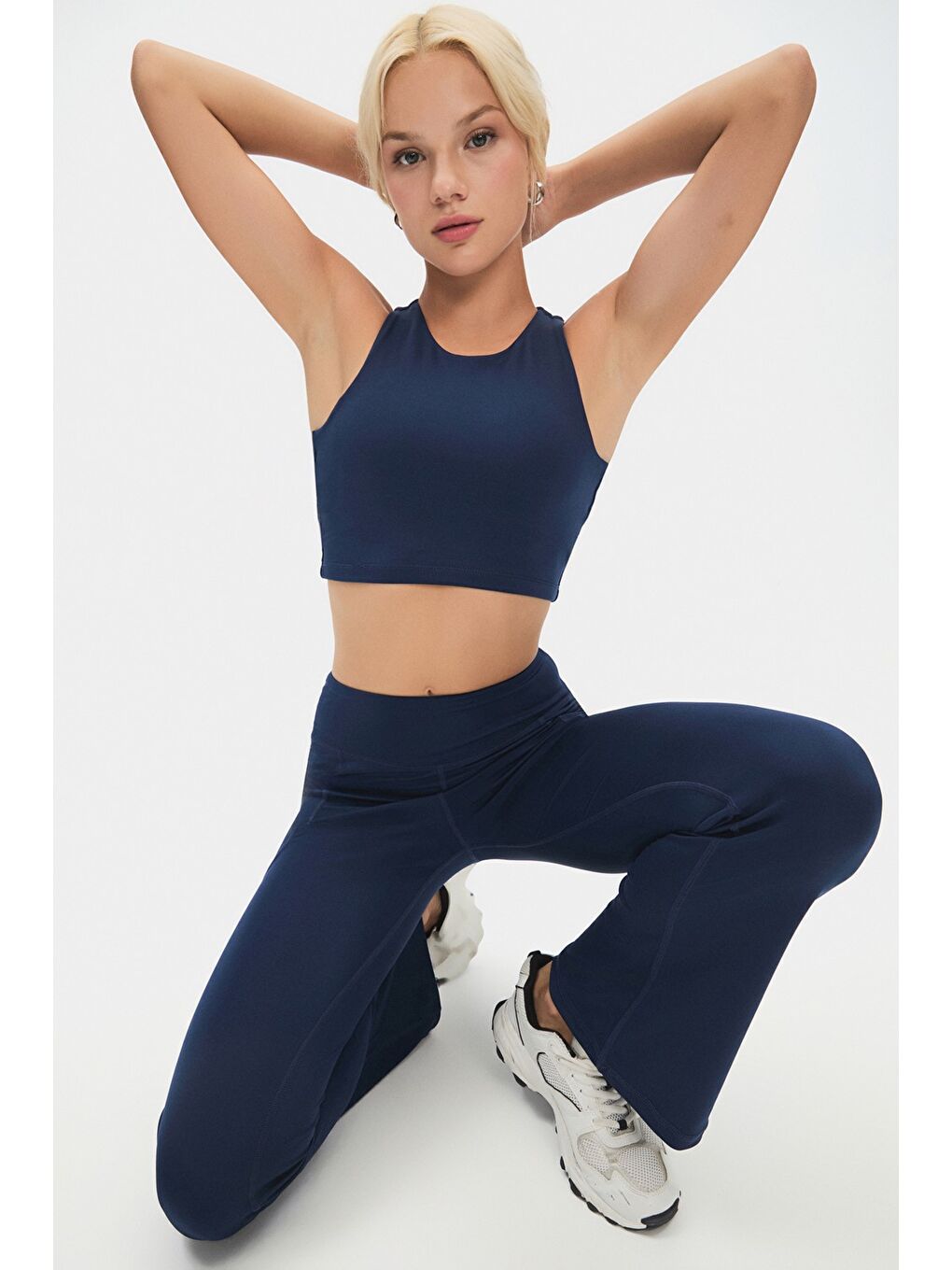 Lacivert Kadın Yüksek Bel Toparlayıcı Çift Cepli Ispanyol Paça Tayt-4