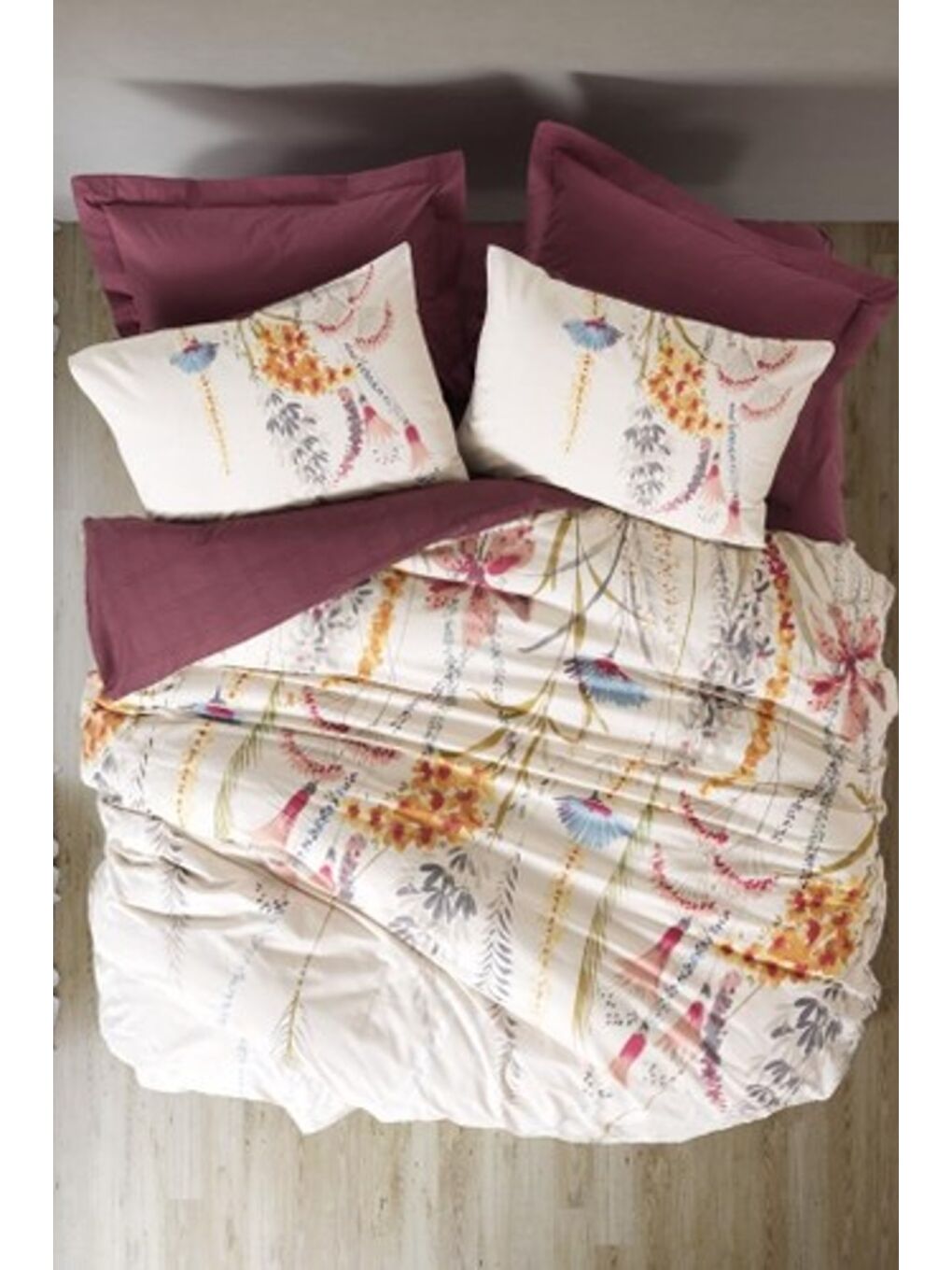 Karışık Pamuk Box Modeline Çift Kişilik Nevresim Takımı Flos Bordo