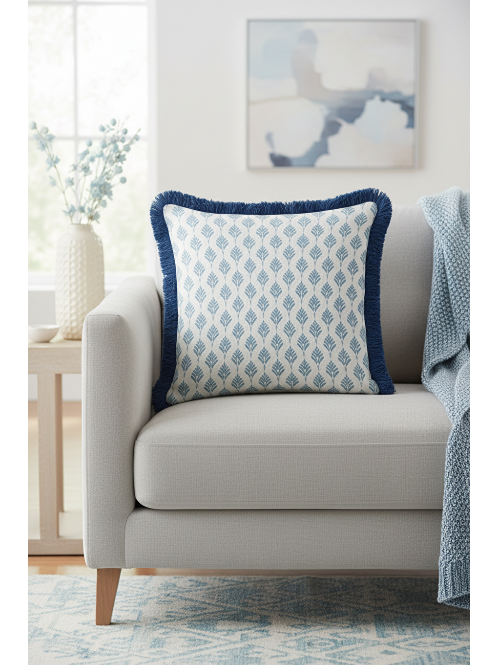 Karışık Zarif Lotus Motifli Saçaklı Yastık Kılıfı - Modern Mavi Beyaz Püsküllü Kırlent Kılıfı-3