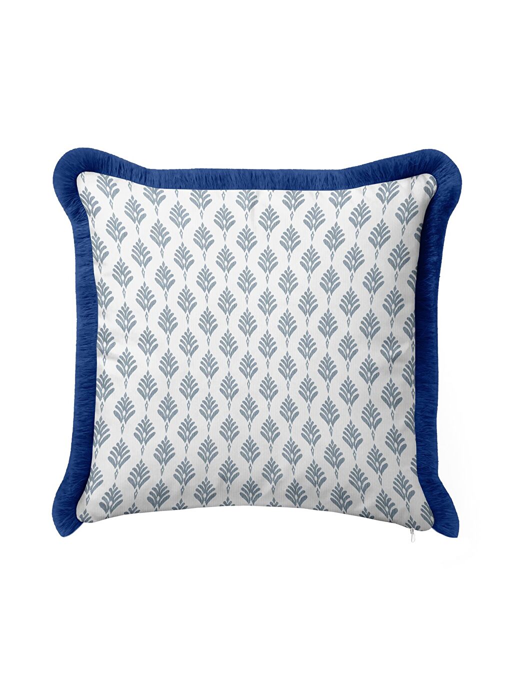 Karışık Zarif Lotus Motifli Saçaklı Yastık Kılıfı - Modern Mavi Beyaz Püsküllü Kırlent Kılıfı-4