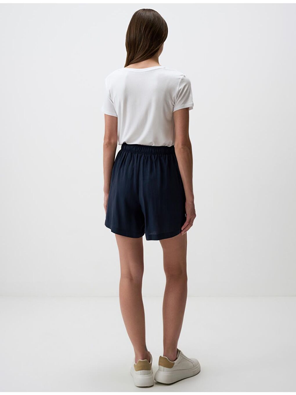 Lacivert Yüksek Bel Rahat Kesim Beli Lastikli Şort-5
