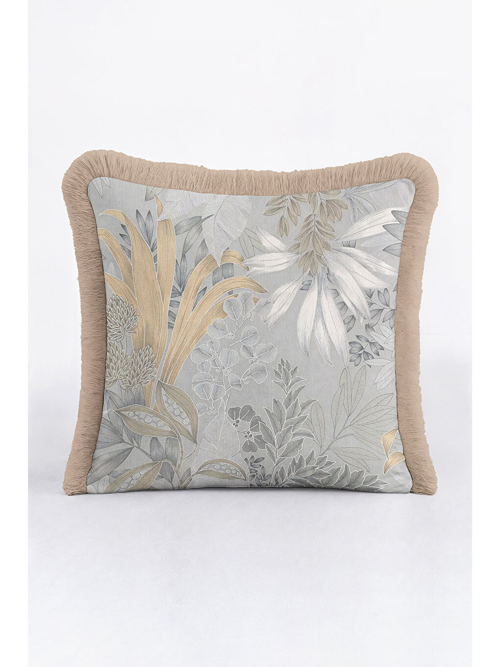 Karışık Lüks Botanik Saçaklı Yastık Kılıfı - Yumuşak Doğa Modern Gri Altın Renkli Püsküllü Kırlent Kılıfı