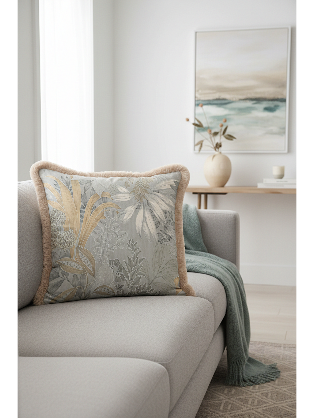 Karışık Lüks Botanik Saçaklı Yastık Kılıfı - Yumuşak Doğa Modern Gri Altın Renkli Püsküllü Kırlent Kılıfı-1