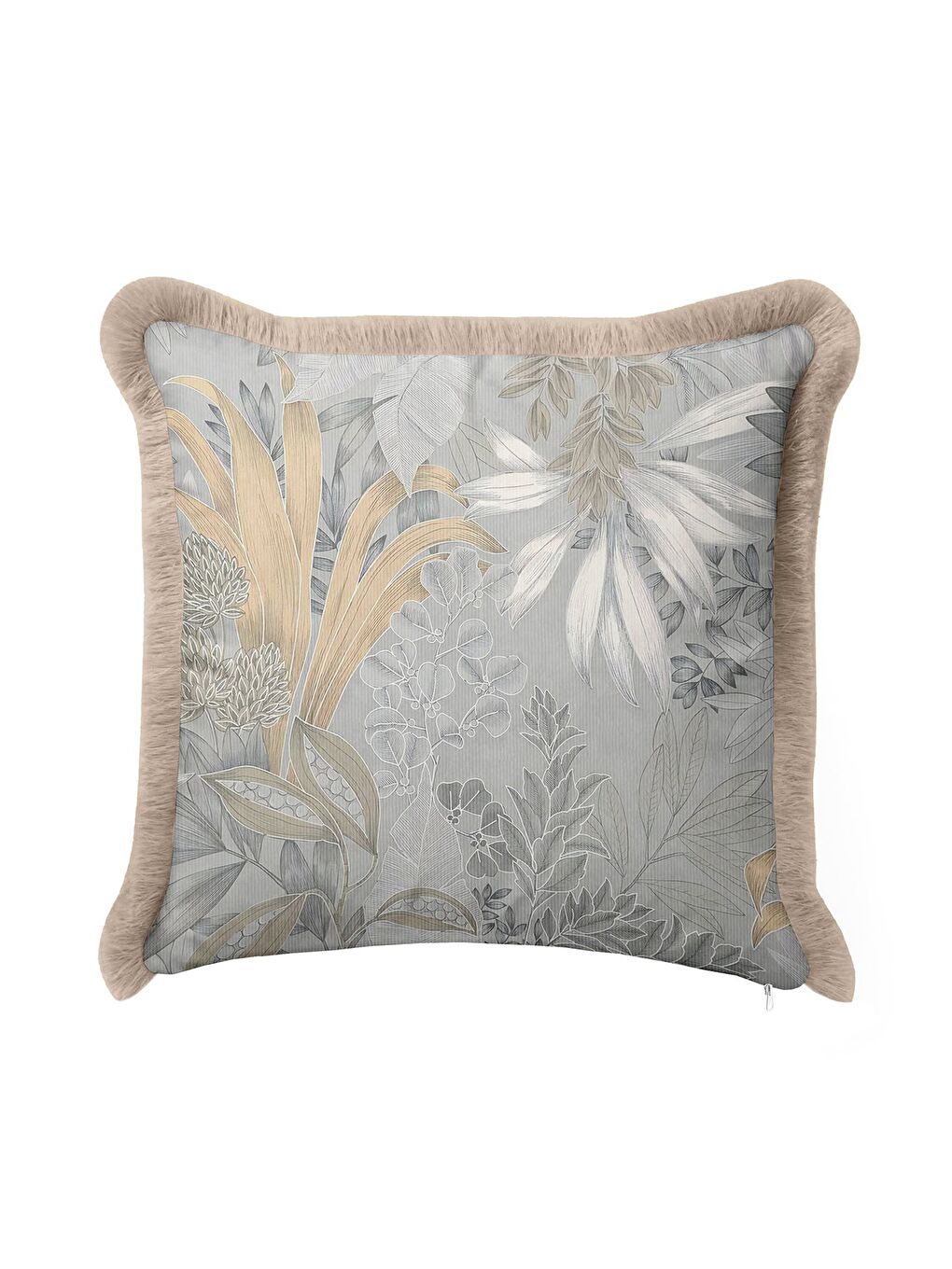 Karışık Lüks Botanik Saçaklı Yastık Kılıfı - Yumuşak Doğa Modern Gri Altın Renkli Püsküllü Kırlent Kılıfı-2