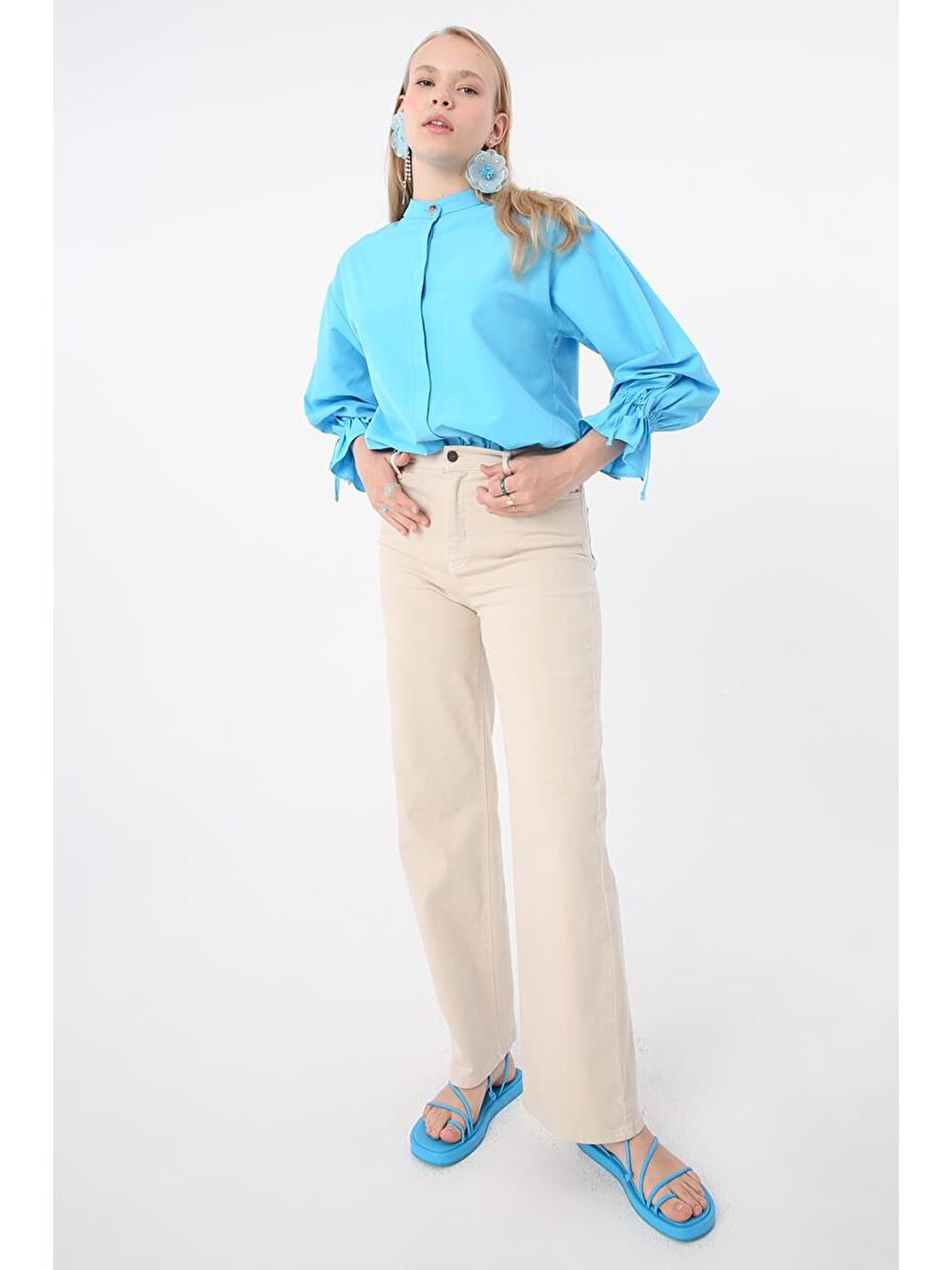 Bej Taş Pamuklu Parça Boya Wide Leg Elastanlı Pantolon