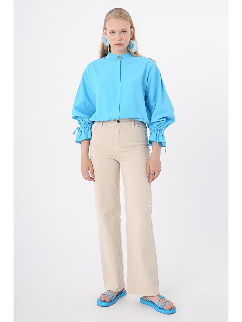 Bej Taş Pamuklu Parça Boya Wide Leg Elastanlı Pantolon-1