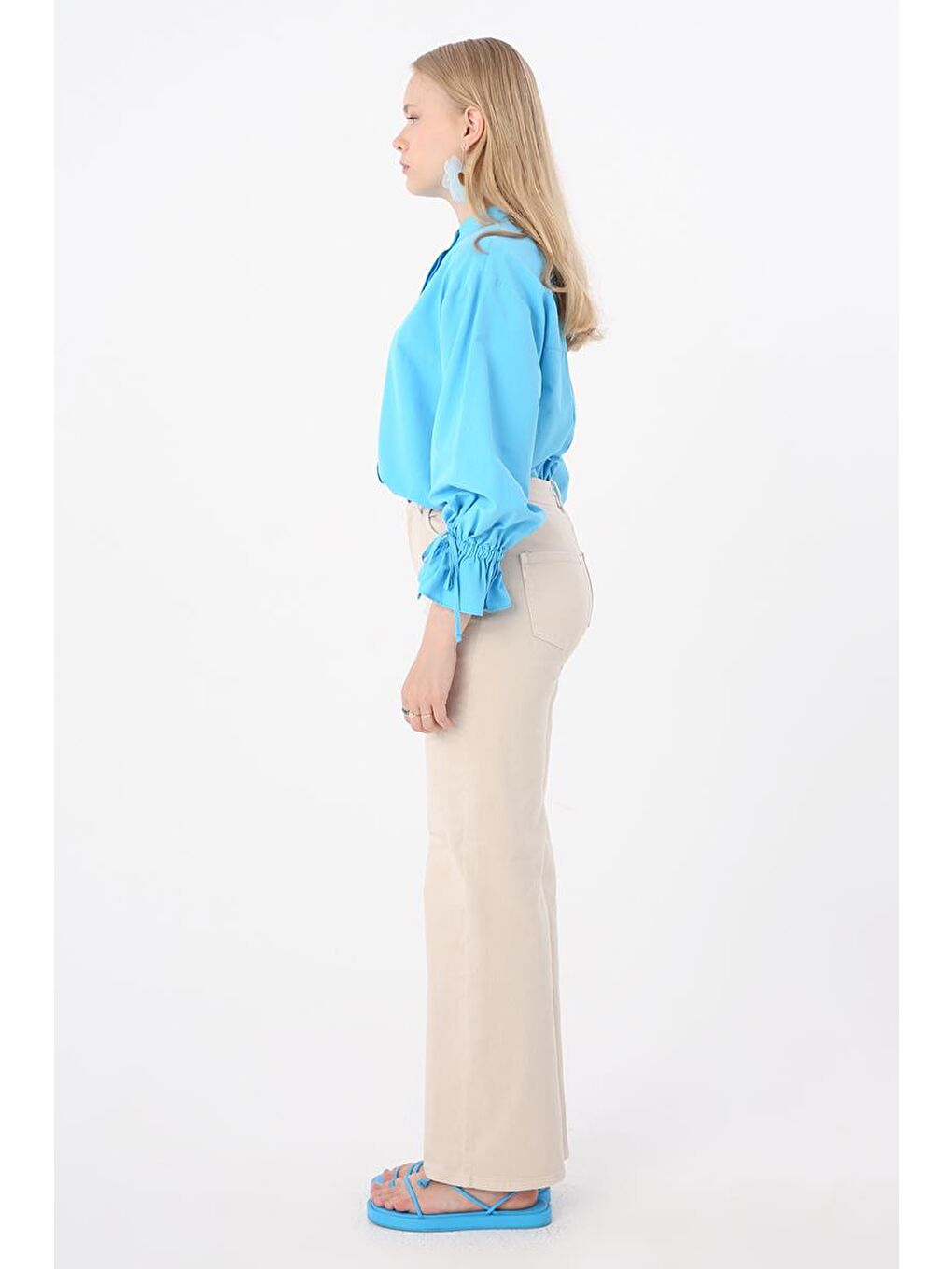Bej Taş Pamuklu Parça Boya Wide Leg Elastanlı Pantolon-2