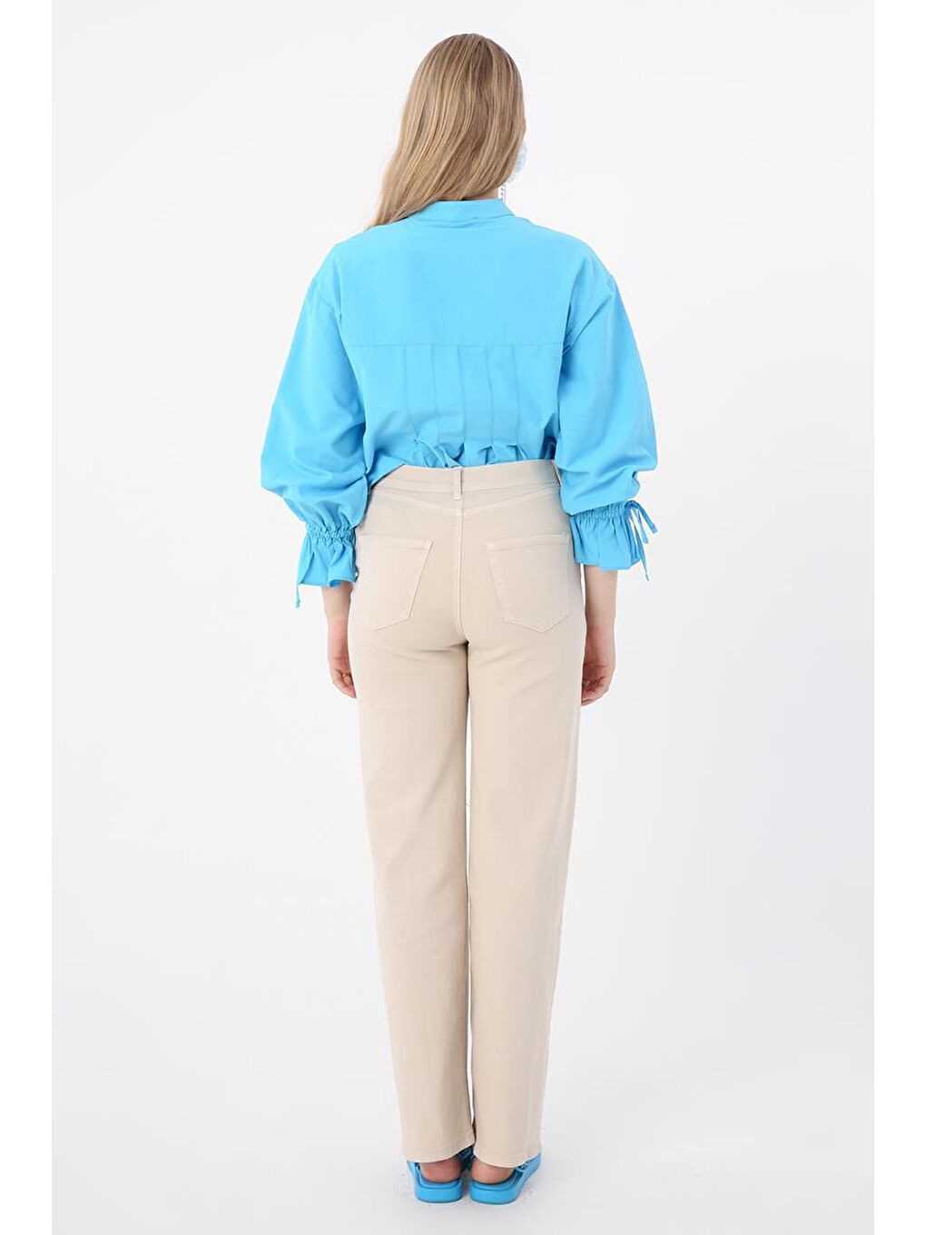 Bej Taş Pamuklu Parça Boya Wide Leg Elastanlı Pantolon-3