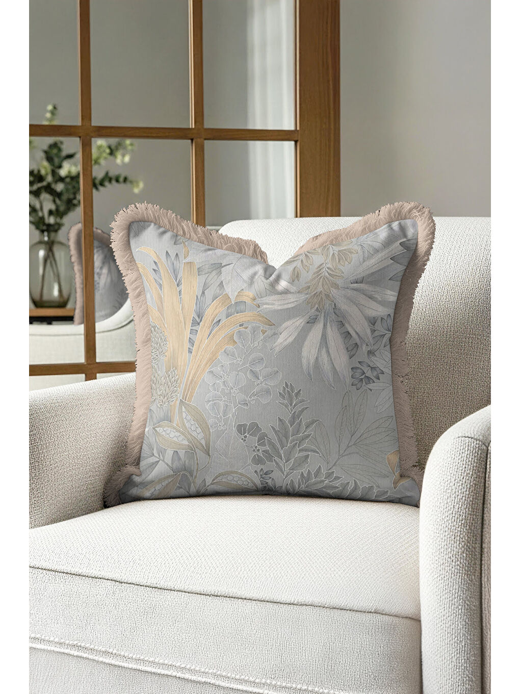 Karışık Lüks Botanik Saçaklı Yastık Kılıfı - Yumuşak Doğa Modern Gri Altın Renkli Püsküllü Kırlent Kılıfı-4