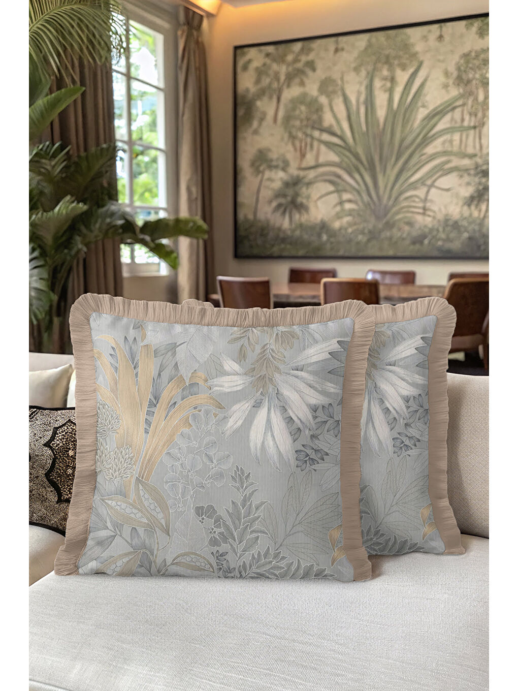 Karışık Lüks Botanik Saçaklı Yastık Kılıfı - Yumuşak Doğa Modern Gri Altın Renkli Püsküllü Kırlent Kılıfı-5