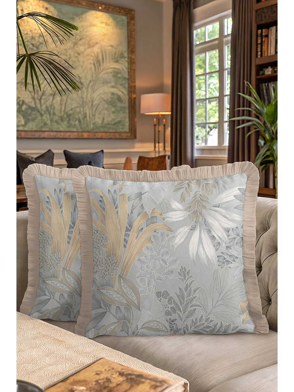 Karışık Lüks Botanik Saçaklı Yastık Kılıfı - Yumuşak Doğa Modern Gri Altın Renkli Püsküllü Kırlent Kılıfı-7