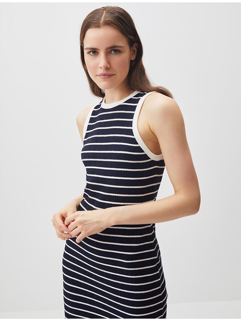 Lacivert Kolsuz Çizgi Desenli Midi Elbise-2