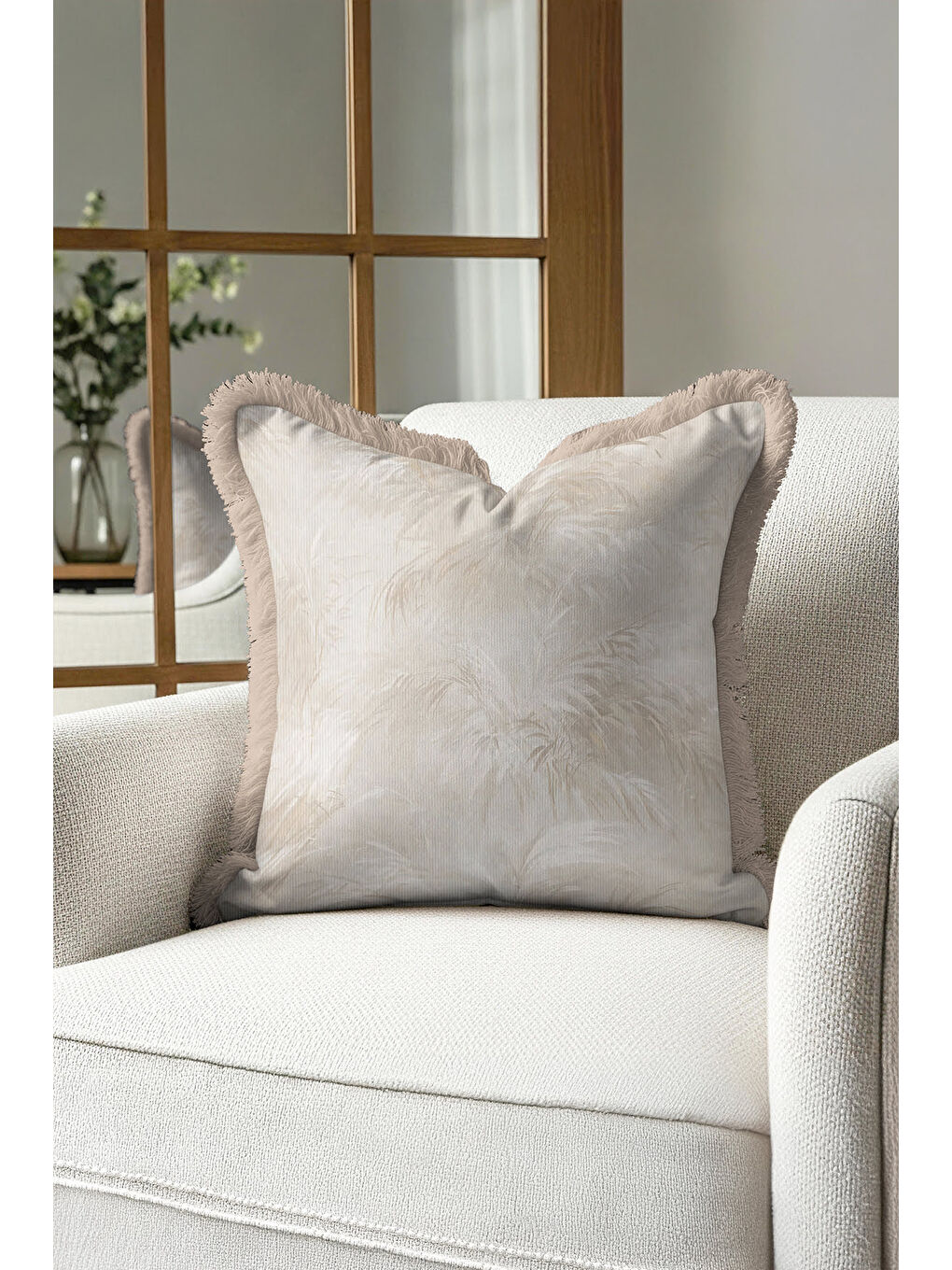 Karışık Tropikal Esinti Saçaklı Yastık Kılıfı - Doğal Bohem Bej Püsküllü Kırlent Kılıfı