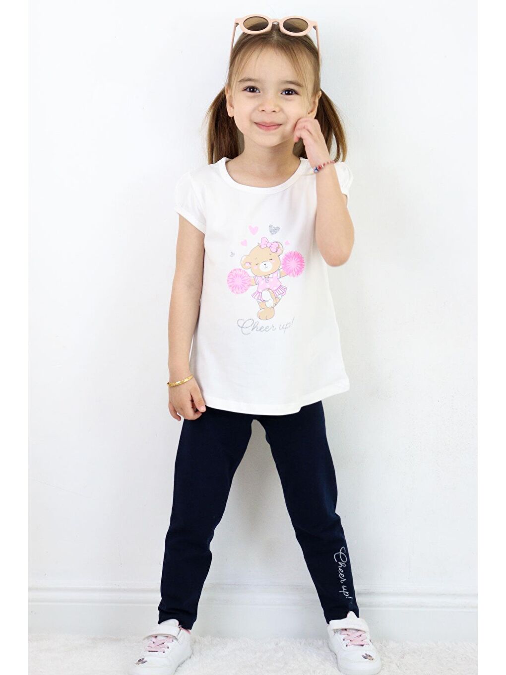 Kız Çocuk Taytlı Takım Dansçı Neşeli Ayıcık Baskılı Ekru (1.5-4 Yaş)-3