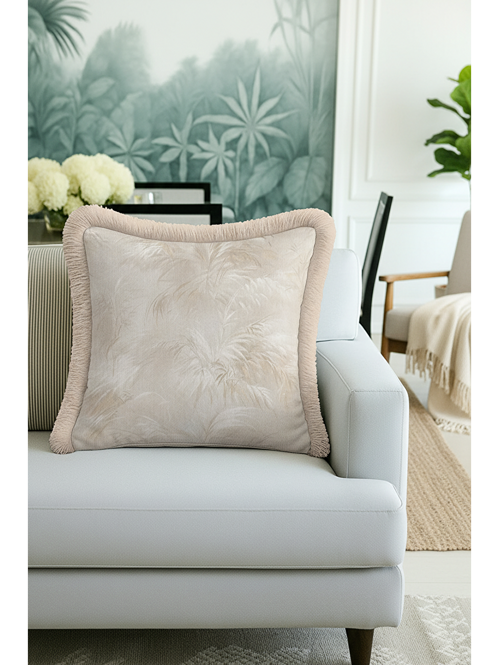 Karışık Tropikal Esinti Saçaklı Yastık Kılıfı - Doğal Bohem Bej Püsküllü Kırlent Kılıfı-2