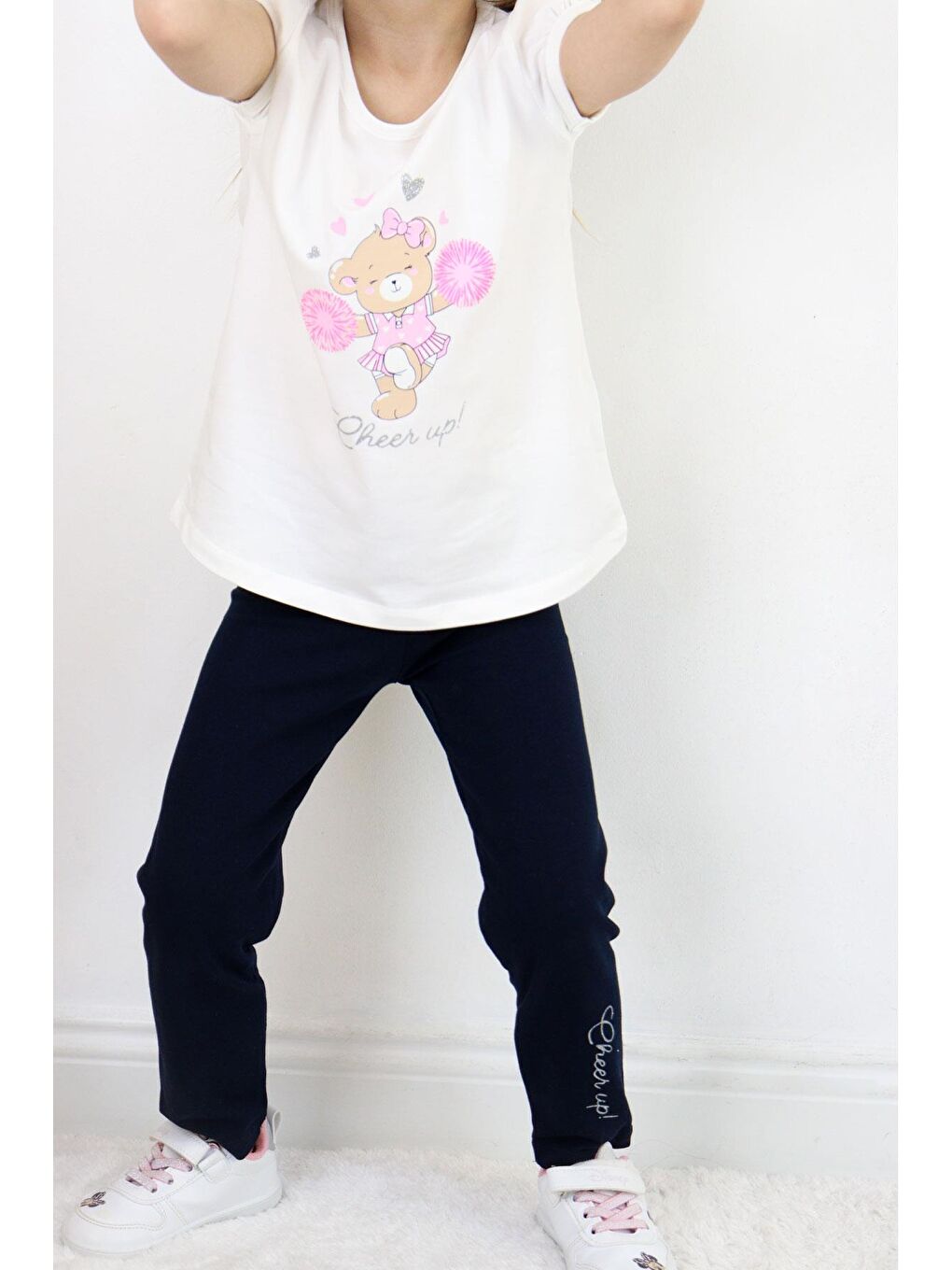 Kız Çocuk Taytlı Takım Dansçı Neşeli Ayıcık Baskılı Ekru (1.5-4 Yaş)-4