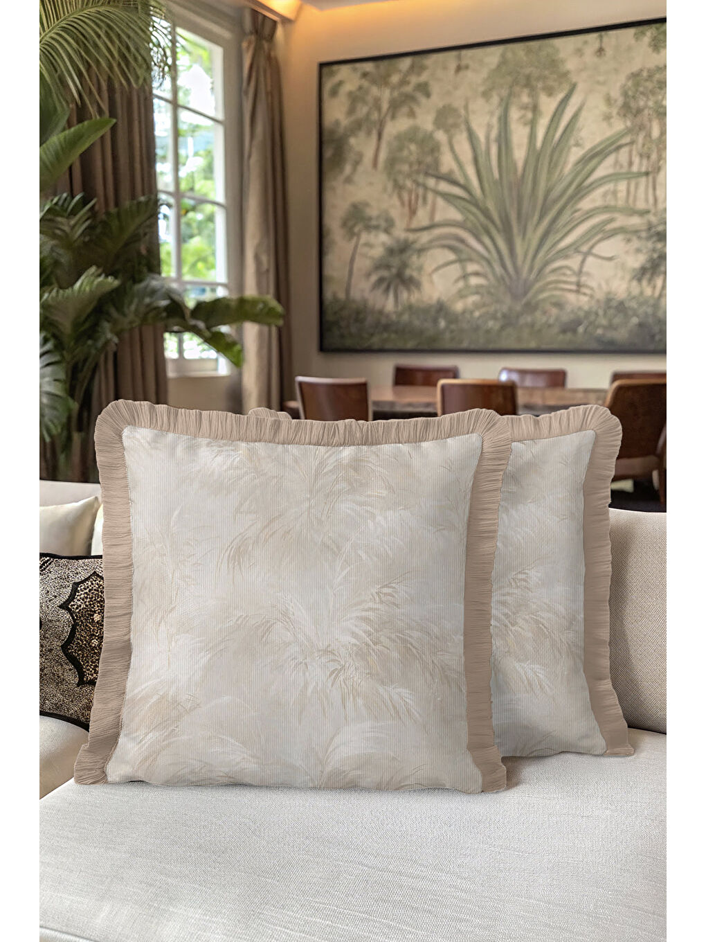 Karışık Tropikal Esinti Saçaklı Yastık Kılıfı - Doğal Bohem Bej Püsküllü Kırlent Kılıfı-5