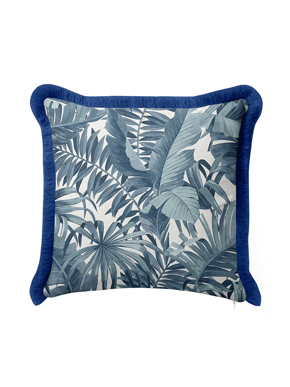 Karışık Tropikal Yaprak Motifli Saçaklı Yastık Kılıfı - Botanik Modern Mavi Püsküllü Kırlent Kılıfı