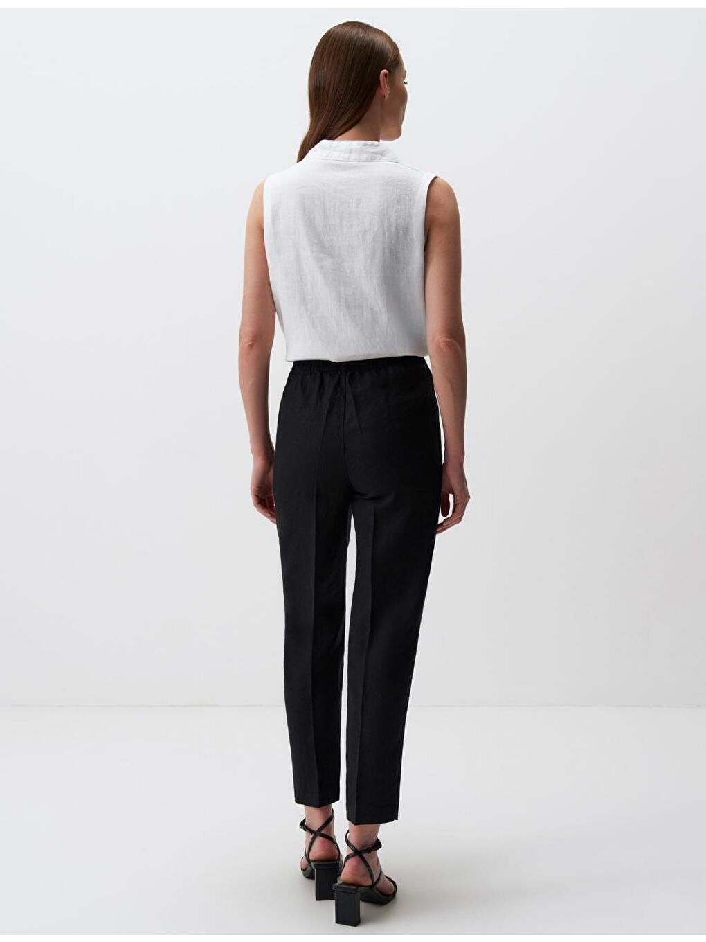 Siyah Yüksek Bel Belden Bağlamalı Keten Pantolon-5