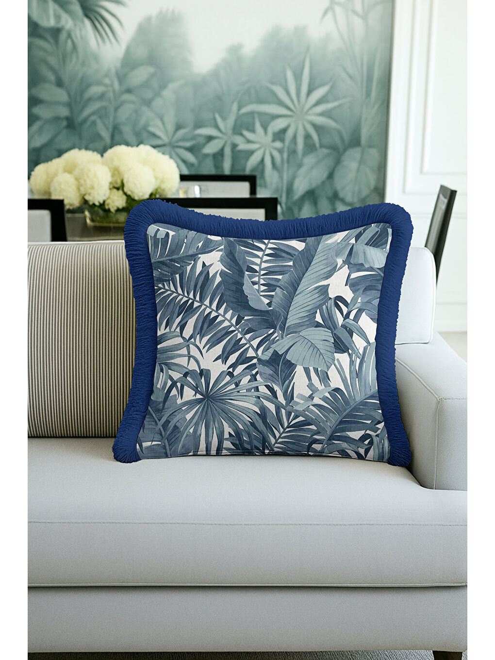 Karışık Tropikal Yaprak Motifli Saçaklı Yastık Kılıfı - Botanik Modern Mavi Püsküllü Kırlent Kılıfı-1