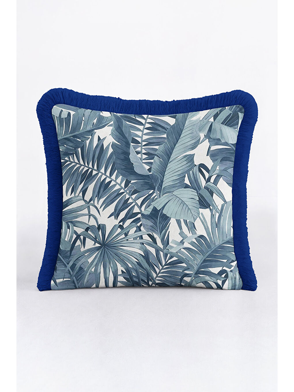 Karışık Tropikal Yaprak Motifli Saçaklı Yastık Kılıfı - Botanik Modern Mavi Püsküllü Kırlent Kılıfı-2