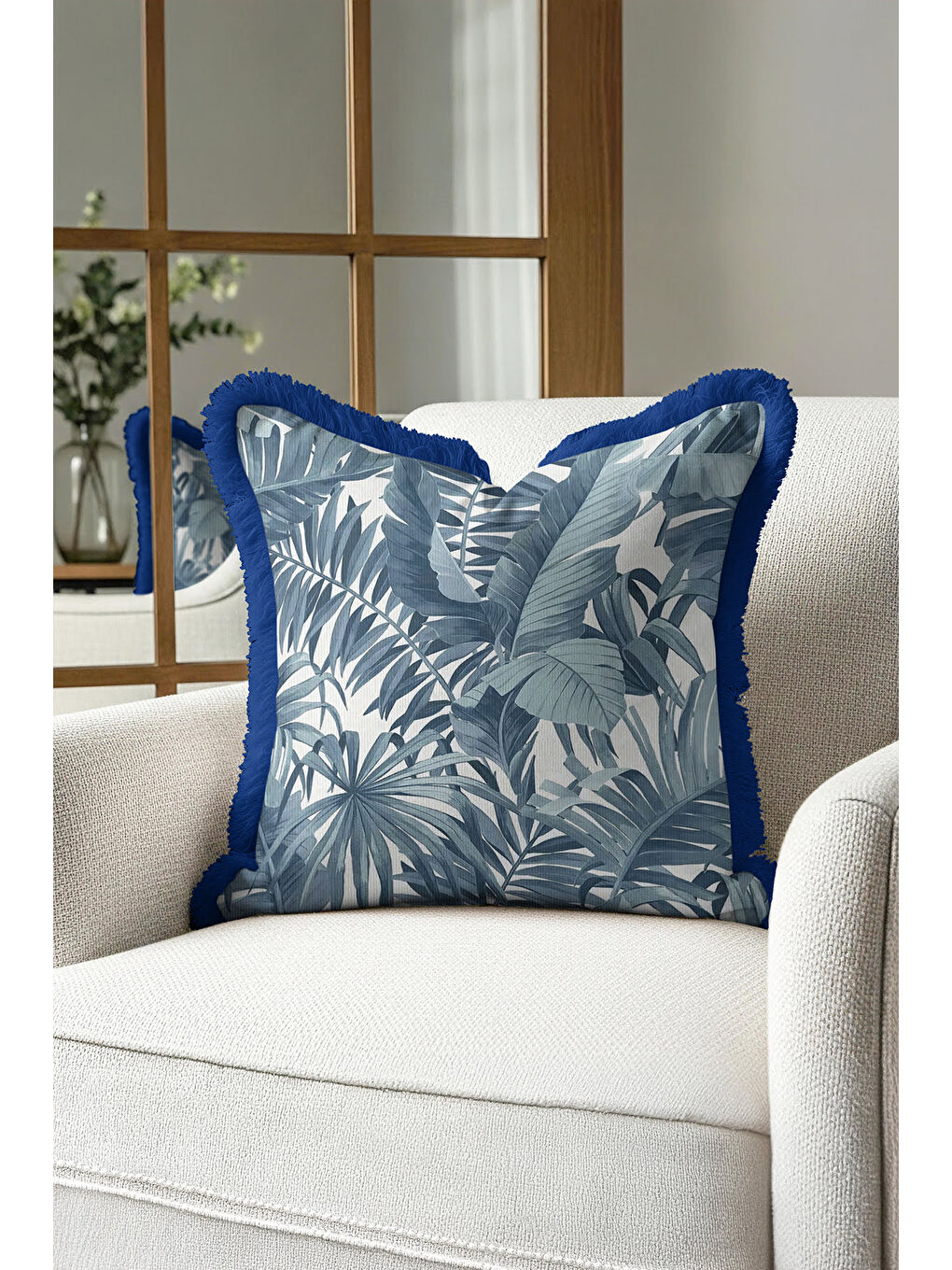 Karışık Tropikal Yaprak Motifli Saçaklı Yastık Kılıfı - Botanik Modern Mavi Püsküllü Kırlent Kılıfı-3