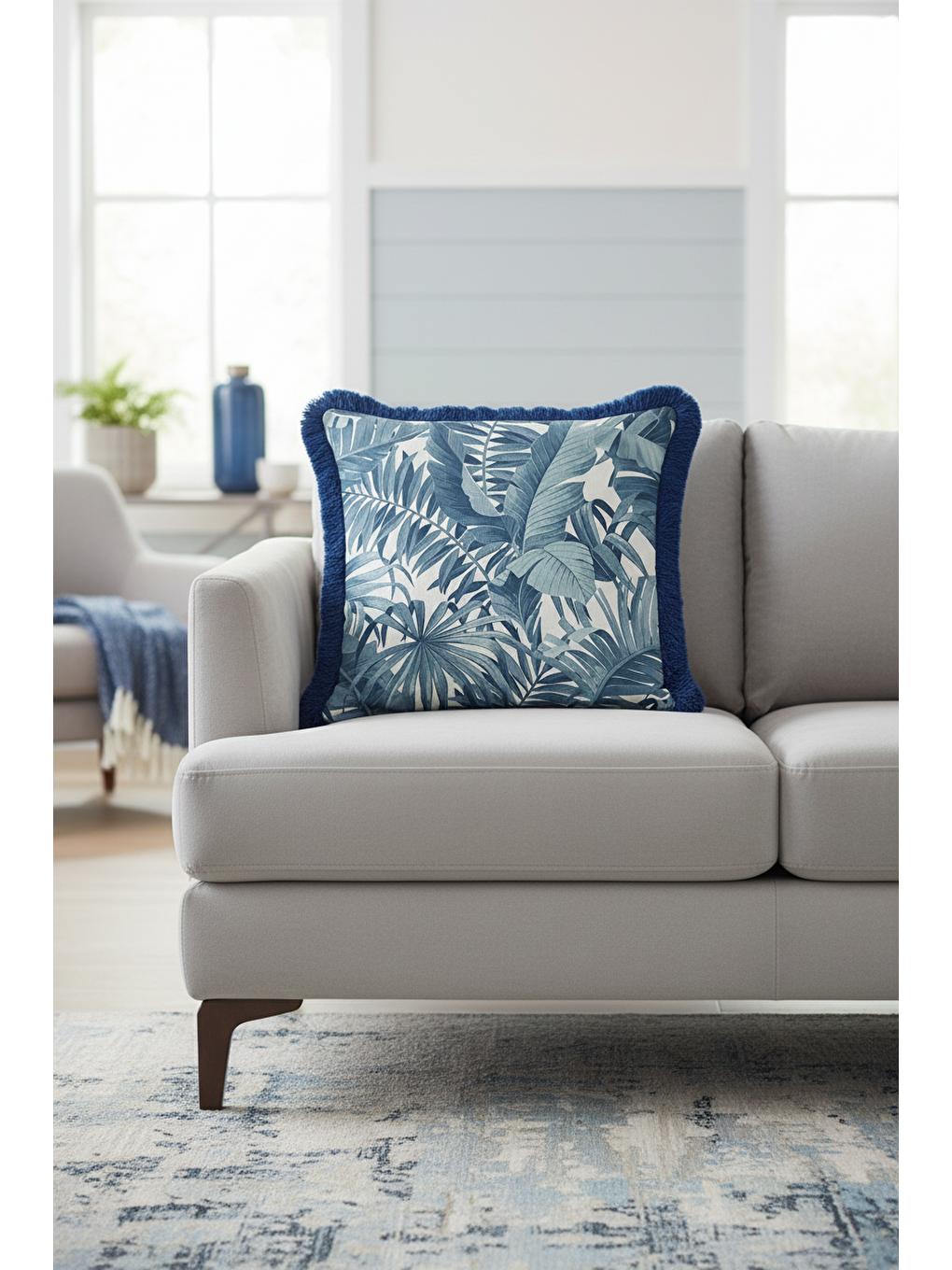 Karışık Tropikal Yaprak Motifli Saçaklı Yastık Kılıfı - Botanik Modern Mavi Püsküllü Kırlent Kılıfı-4